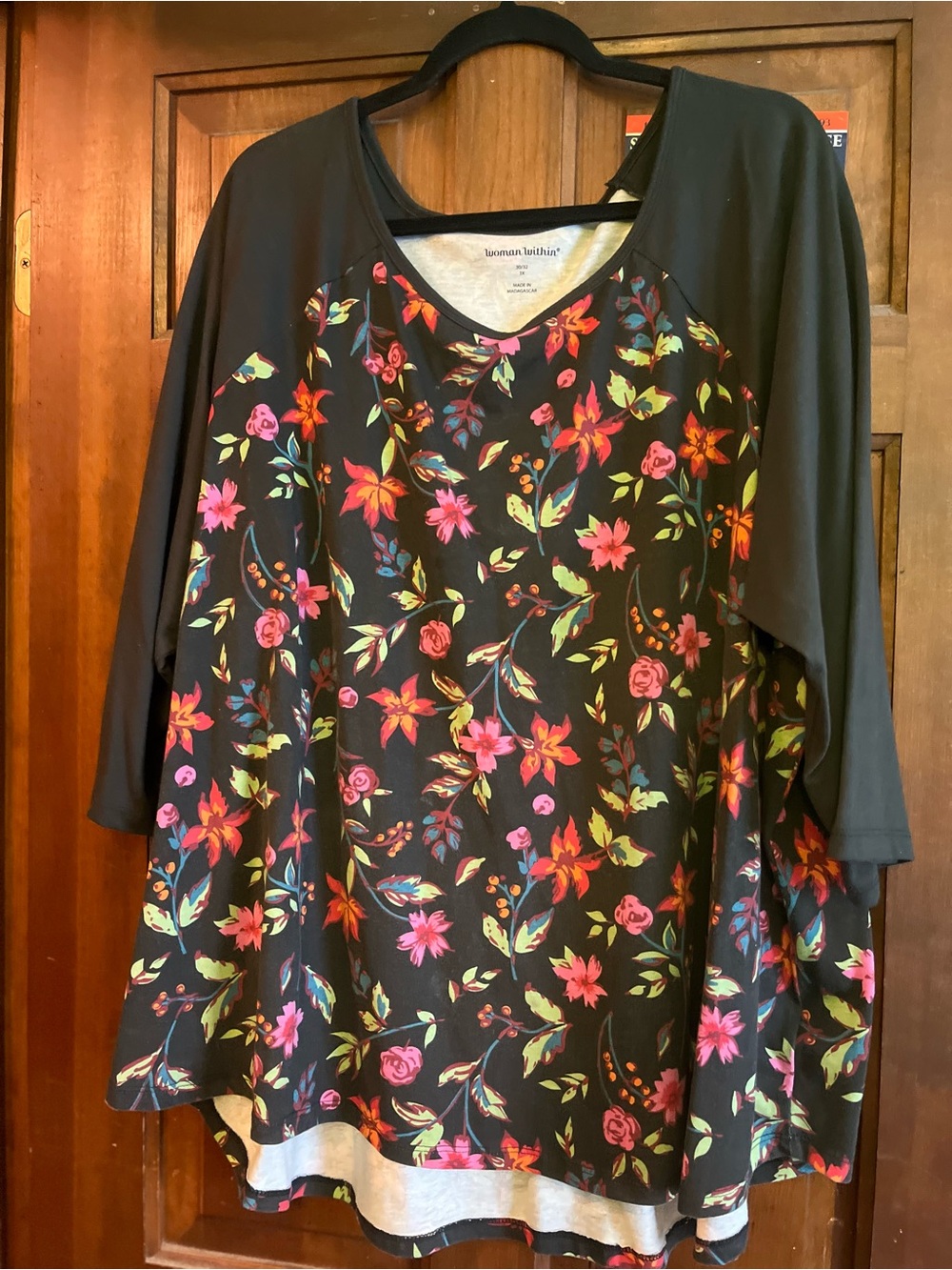 Woman Within Black Floral Raglan Tunic